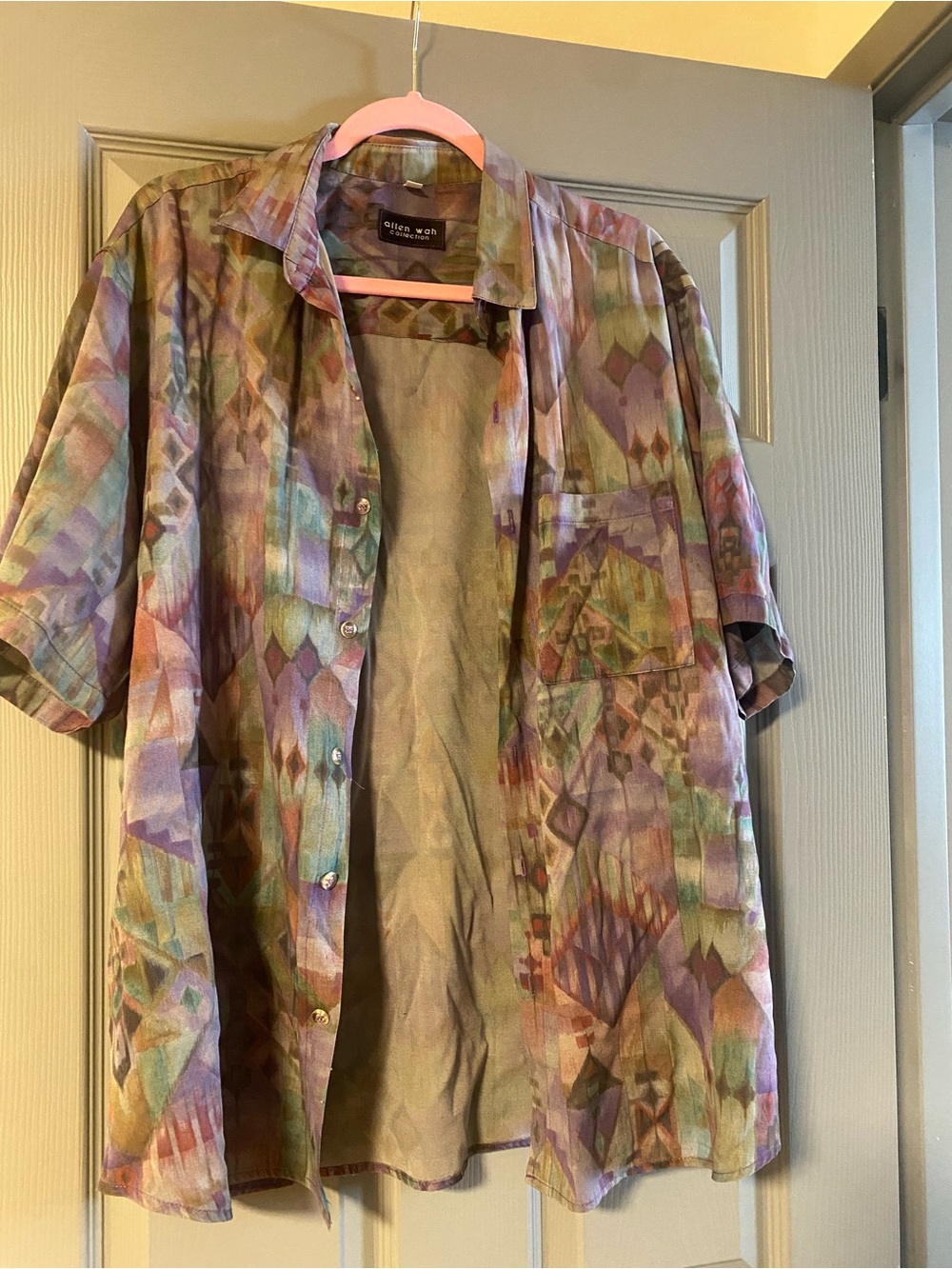 80s Vtg Tie-Dye Button-Up Shirt Purple & Green Made in USA Allen Wah Collection